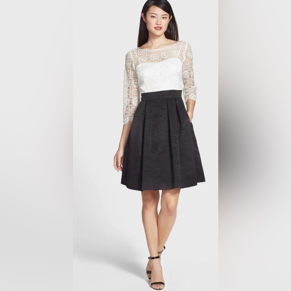 NWT Eliza J 3/4 Sleeve White Lace Over Black Faille Fit & Flare Cocktail Dress